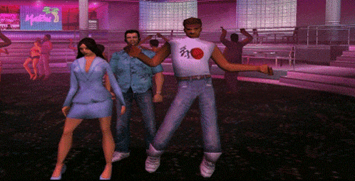 a group of people are dancing in a room with a sign that says ' tropicana '