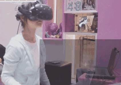 a woman is wearing a virtual reality headset in a store