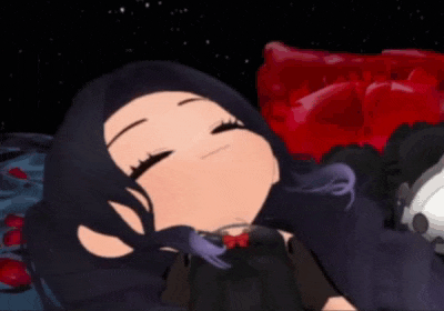 a cartoon girl with black hair is sleeping on a bed with a red pillow