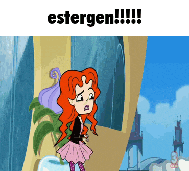 a cartoon of a girl with red hair and the words estergen !!! below her