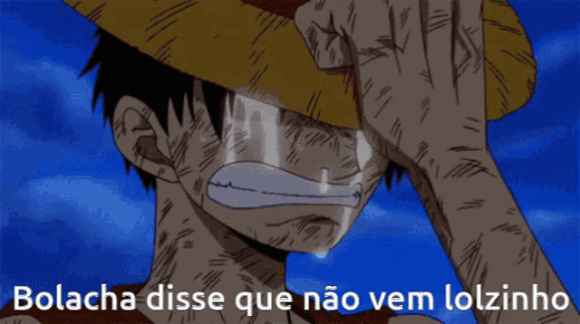 a man in a straw hat is crying with the words bolacha disse que não vem lolzinho above him