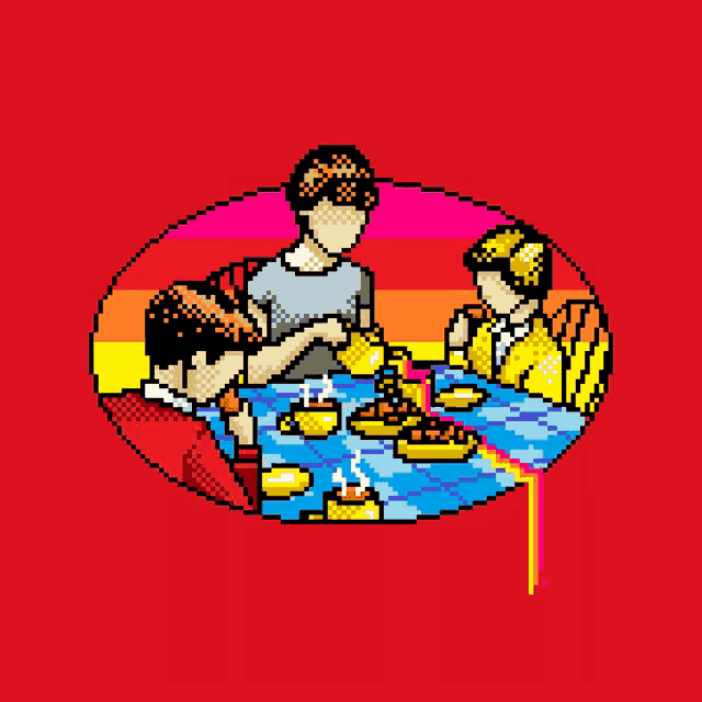 a pixel art of people sitting around a table with a rainbow in the background