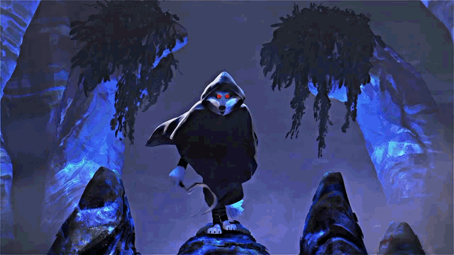 a cartoon character with a hood and claws is standing in a cave