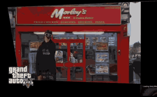 a video game screen shows a man standing in front of a morley 's fast food restaurant