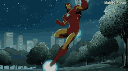 a cartoon of iron man flying through the air with a blue light coming out of his chest