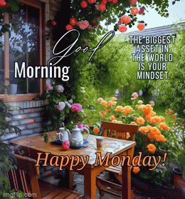 a happy monday message with a picture of a table and chairs