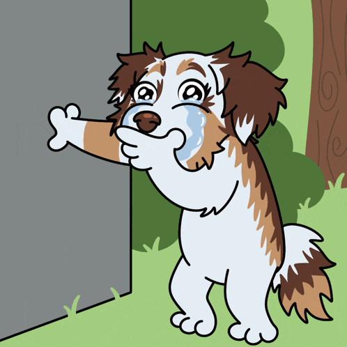 a brown and white dog with a tear coming out of its mouth