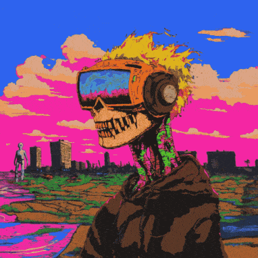 a colorful drawing of a skeleton with headphones on