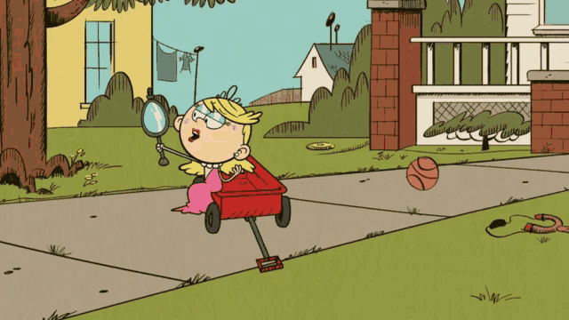 a cartoon girl is looking through a magnifying glass