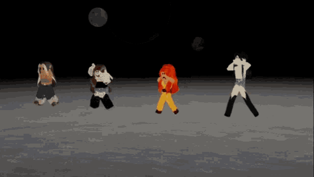 a group of cartoon characters are dancing in front of a full moon in a dark room .