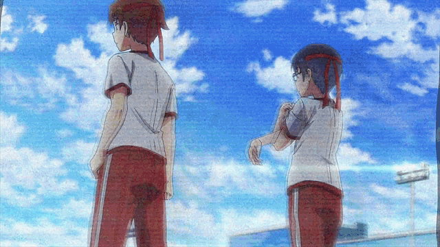 two anime characters standing next to each other with a blue sky behind them