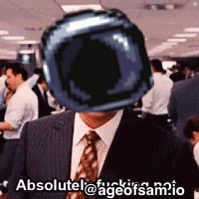 a man in a suit and tie has a pixelated helmet on his head and says absolute @ ageofsam io