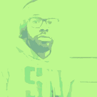 a pixelated image of a man wearing glasses and a hoodie that says lg on it