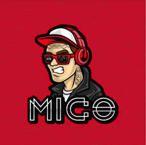 a cartoon illustration of a man wearing headphones and sunglasses with the name mico below him