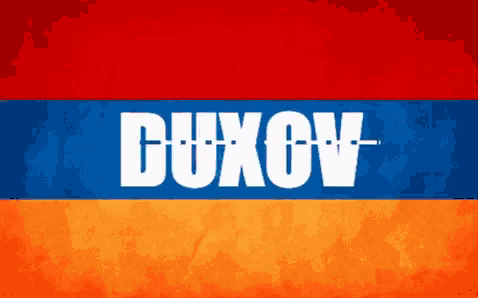 a red white and blue flag with dukov written on it