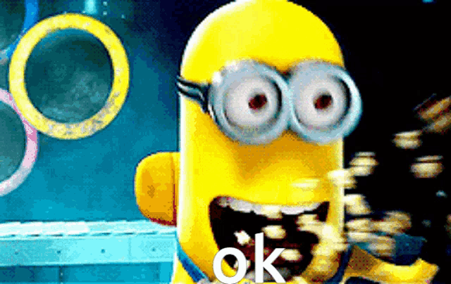 a yellow minion with glasses and braces says " ok "