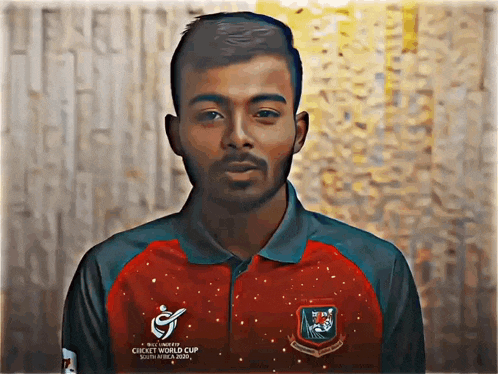 a man wearing a red shirt that says ' cricket world cup south africa 2020 ' on it