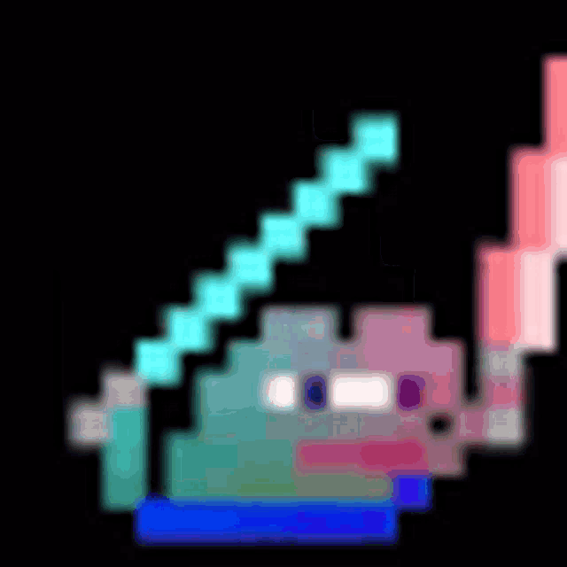a pixel art of a frog with a sword and a bow on a black background .