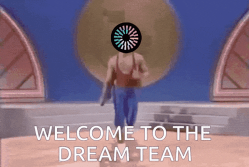 a man with a circle on his head is walking with the words welcome to the dream team behind him