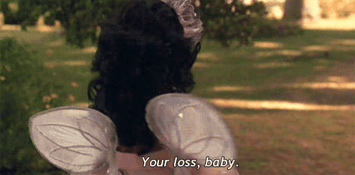 a woman with fairy wings says your loss baby