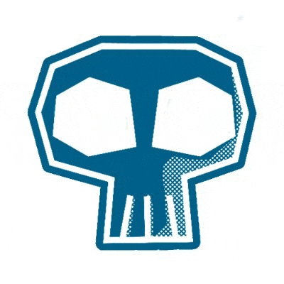 a blue and white skull with two eyes and a toothless mouth on a white background .