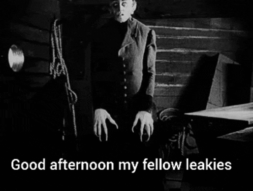 a black and white photo of a vampire with the words good afternoon my fellow leakies