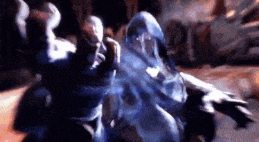 a painting of a man fighting another man with a blue light behind him