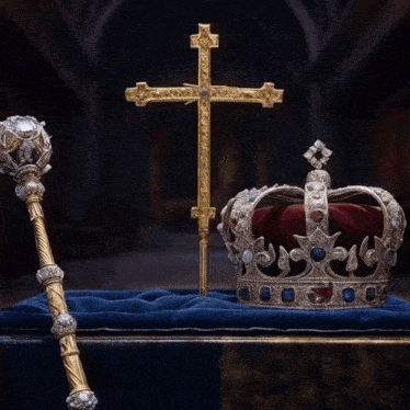 a hand holds a red fire extinguisher over a crown and a cross