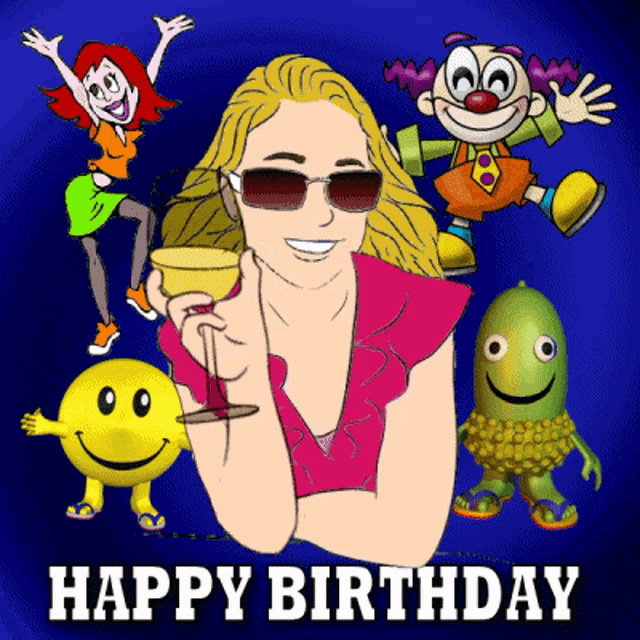 a cartoon of a woman holding a glass of wine surrounded by cartoon characters and the words happy birthday