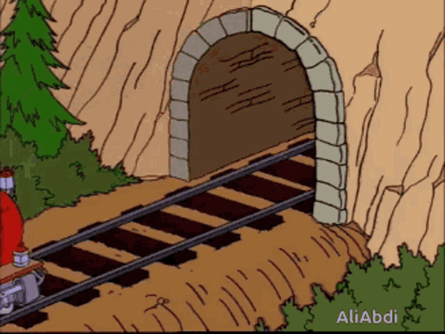 a cartoon drawing of a train going through a tunnel with the name aliabdi on the bottom