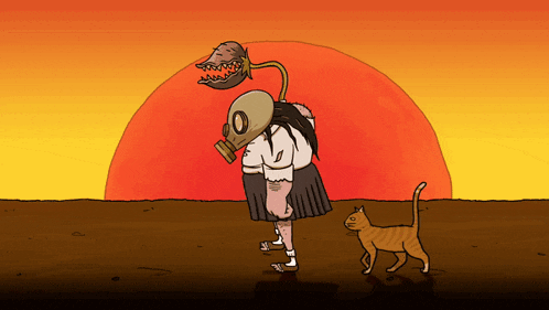 a cartoon drawing of a girl wearing a gas mask and a cat