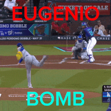 a baseball pitcher is about to throw the ball and the word bomb is on the field