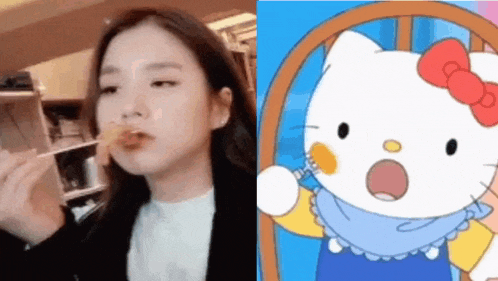 a woman is eating a chicken nugget next to a hello kitty cartoon .