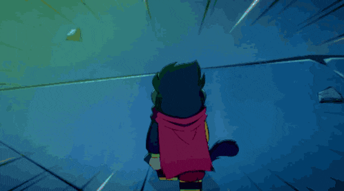a cartoon character with a purple scarf around his neck and a mask on his face .