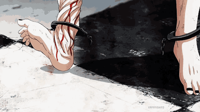 a drawing of a person with blood coming out of their ankles