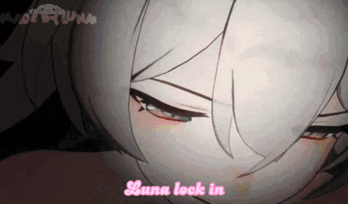 a close up of a girl 's face with the words luna lock in in pink