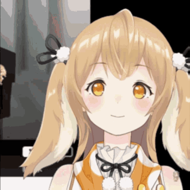 a close up of a girl 's face with yellow eyes and pigtails