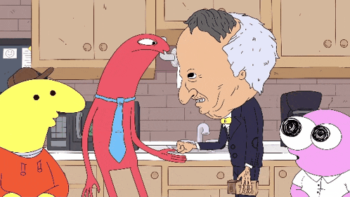 a cartoon drawing of a man in a suit shaking hands with a pink monster