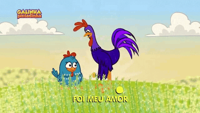 a rooster and a chicken are standing in a field with the words foi meu amor written in yellow