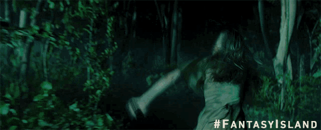 a poster for fantasy island shows a naked woman running through a dark forest