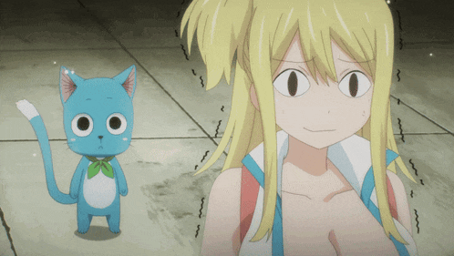 a girl and a cat are standing next to each other on a tiled floor
