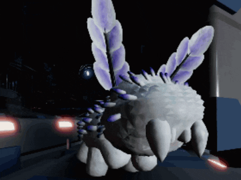 a 3d rendering of a monster with purple wings
