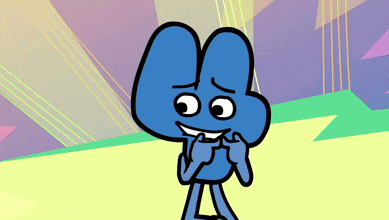 a blue cartoon character is smiling and holding his hands to his mouth