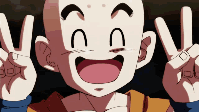 a cartoon character giving a peace sign with both hands