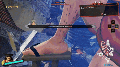 a screenshot of a video game shows a person 's feet and says 1577 hits