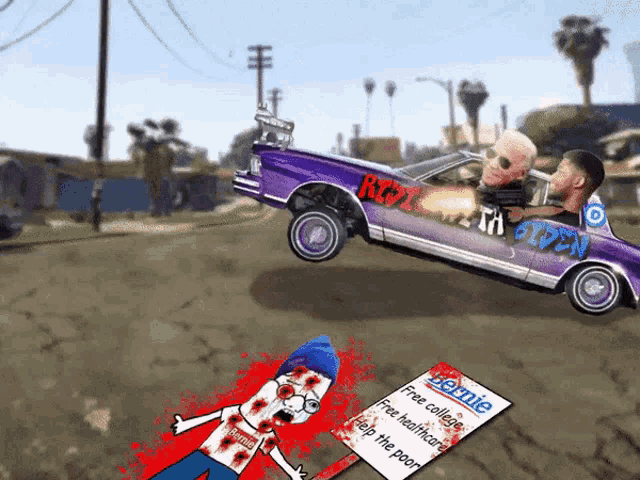 a cartoon of a man being killed by a purple car with bernie written on it