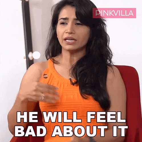 a woman says he will feel bad about it while sitting in a red chair