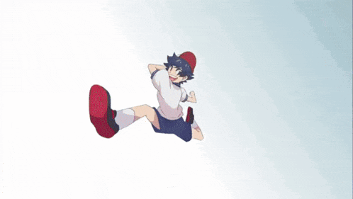 a person is flying through the air on a red frisbee .