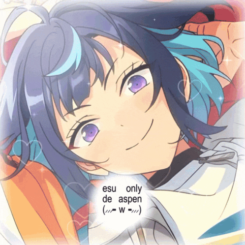 a picture of a girl with purple eyes and the words " esu only de aspen " below her