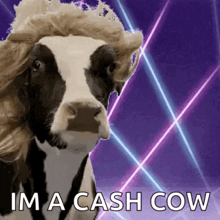 a cow with a wig on its head is standing in front of a neon background .